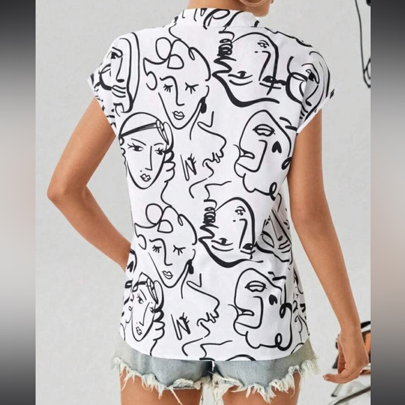 Classic Elegant Abstract Pop Art Face Print Top Blouse Shirt White - Picture 2 of 3